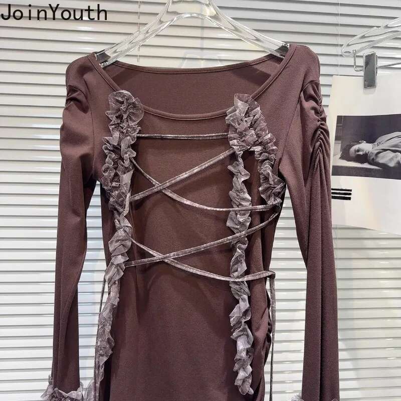 Y2k Tshirts Women Long Sleeve O-neck Tunic Tees Patchwork Gauze Ruffles Tassel Camisetas Fashion Sexy T-shirts 2025 Ropa Mujer