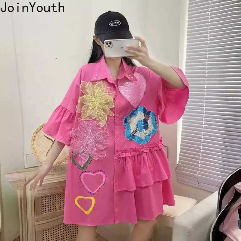2025 Women Clothing White Blouses Fashion Heavy Sequin Floral Shirts Camisas De Mujer Fashion Casual Summer Loose Blouse Tops