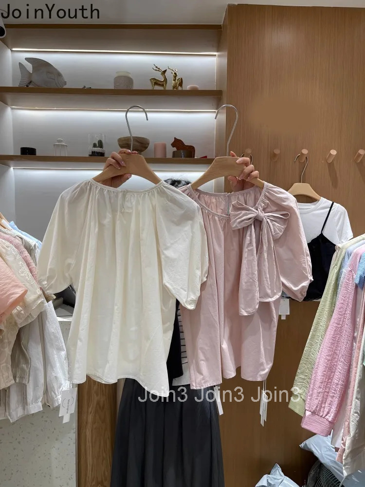 Summer Blouse for Women Short Sleeve O-neck Vintage Shirts 2025 Blusas Mujer De Moda Bandage Bow Loose Sweet Blouses Tops 27w498