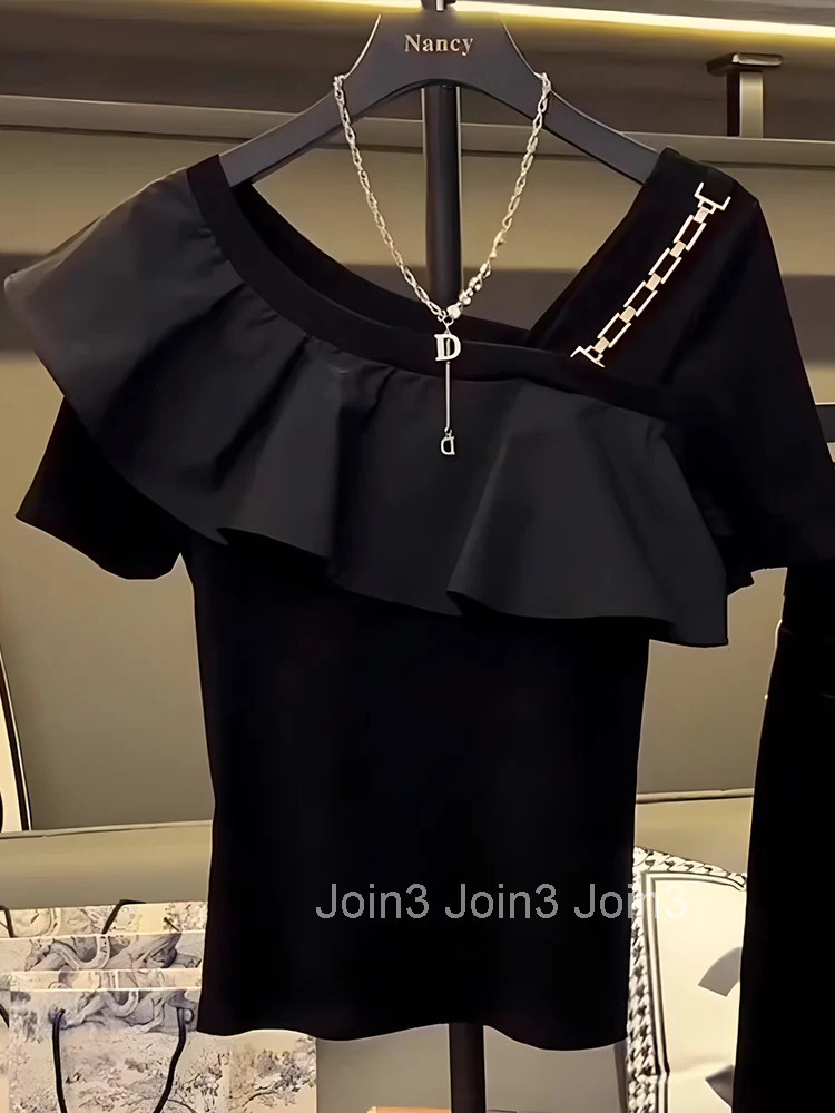 Temperament Tshirts 2025 Womens Clothes Fashion Korean Tees Summer Camisetas Y2k Tops Off Shoulder Ruffles Irregular T-shirts