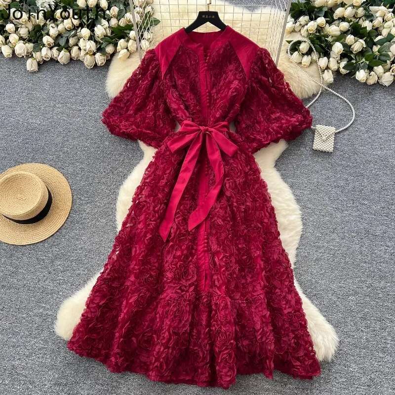 Elegant Woman Dresses Heavy 3D Floral Sweet Chic Robe Femme Slim Waist Single Breasted Bandage Maxi Dress 2025 Vestidos De Mujer
