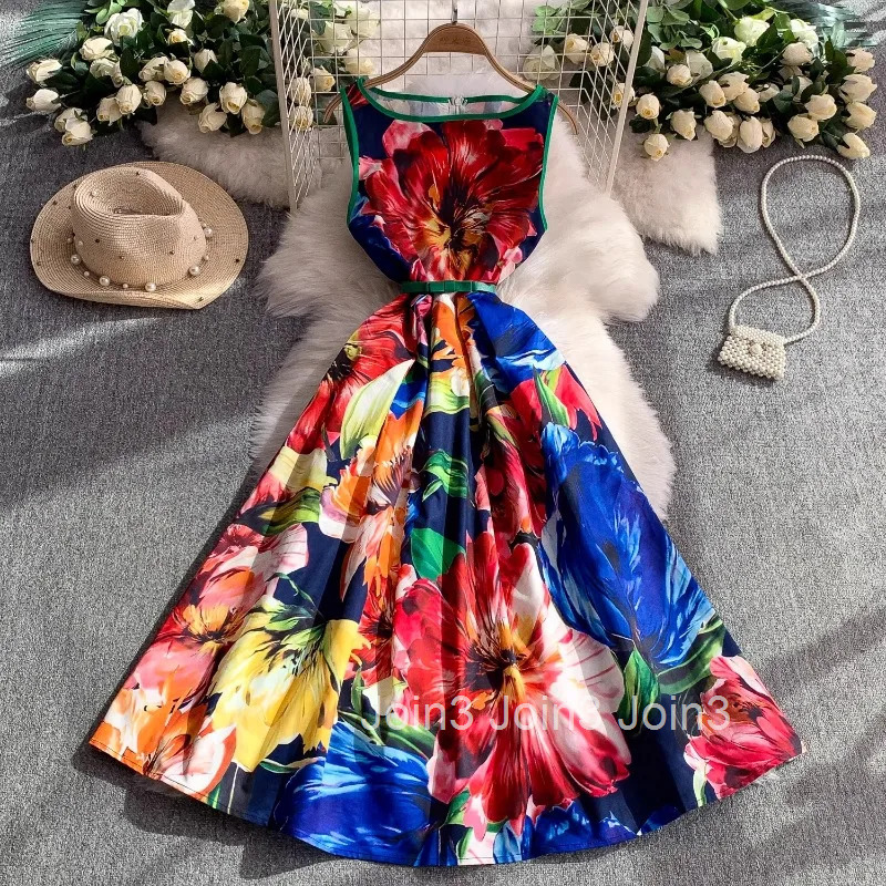 Summer Floral Print Dresses for Women 2025 Vestidos De Mujer Slim Waist Sleeveless Robe Femme O-neck Big Swing Chic Maxi Dress