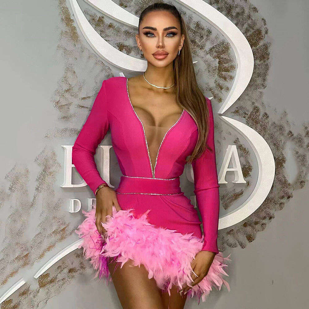 White Skirt Maxi Skirt Feather Mini Evening Gown Bandage French Deep V Splicing Rhinestone Long Sleeve Short Dress Long Skirt