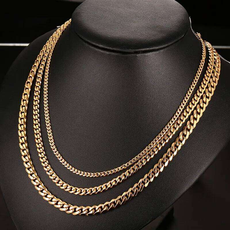 3MM5MM7MM Cuban Link Chain Stainless Steel Necklace Waterproof 18 K Gold Plated Punk Men Women Jewelry DIY Accessories USENSET Good quality
