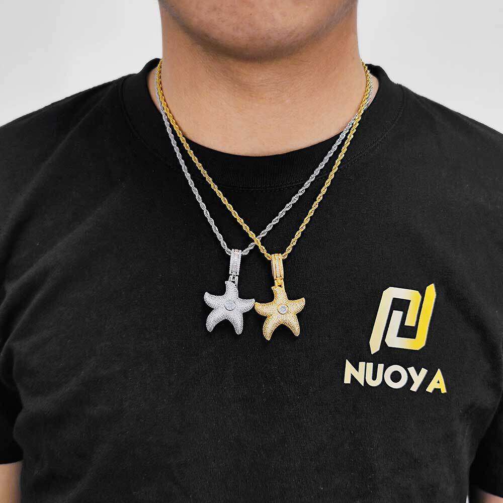 Hip Hop Micro Paved Zircon Pentagram Trendy Brand Personality Full Dia Starfish Pendant Men's Necklace 6c13