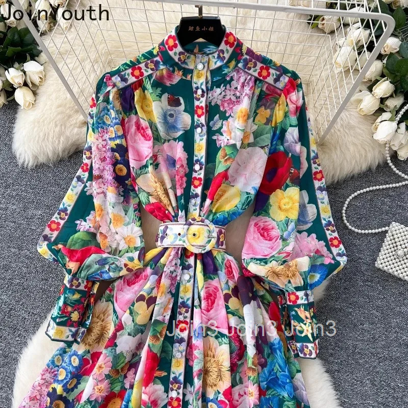 2025 Vestidos De Mujer Maxi Dresses for Women Stand Neck Lantern Sleeve Vintage Robe Femme Single Breasted Floral Summer Dress