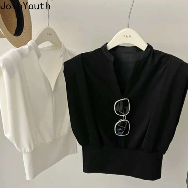 T Shirts for Women Crop Tops Flying Sleeve V-neck Tees Fashion Summer Camisetas Casual Loose White T-shirts 2025 Ropa Mujer