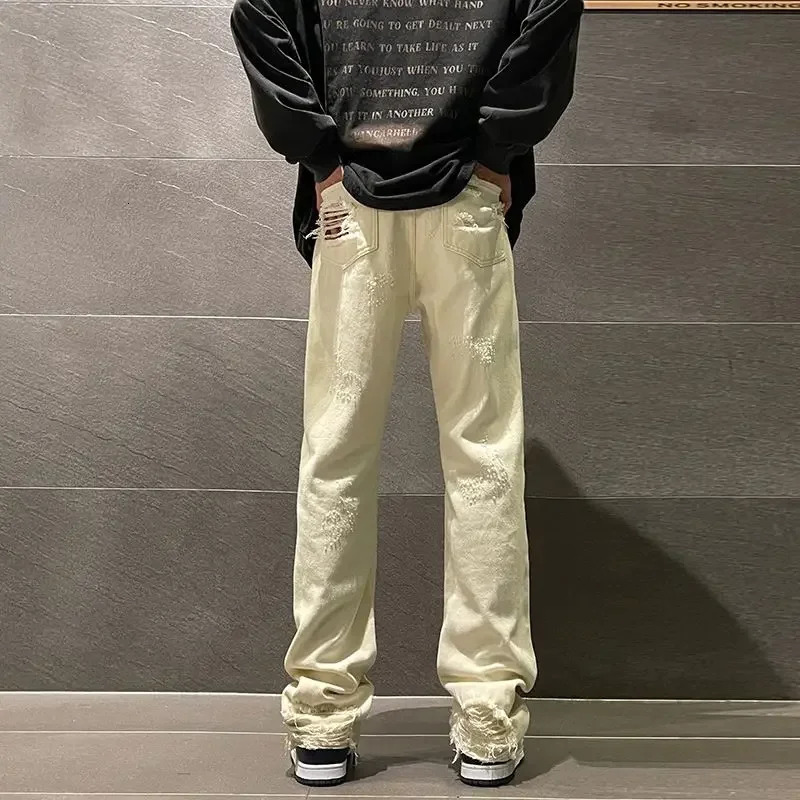 Trousers with Holes Man Cowboy Pants Aesthetic Ripped Mens Jeans Torn Broken Black Straight Trend Loose Cotton Washed Kpop 250617