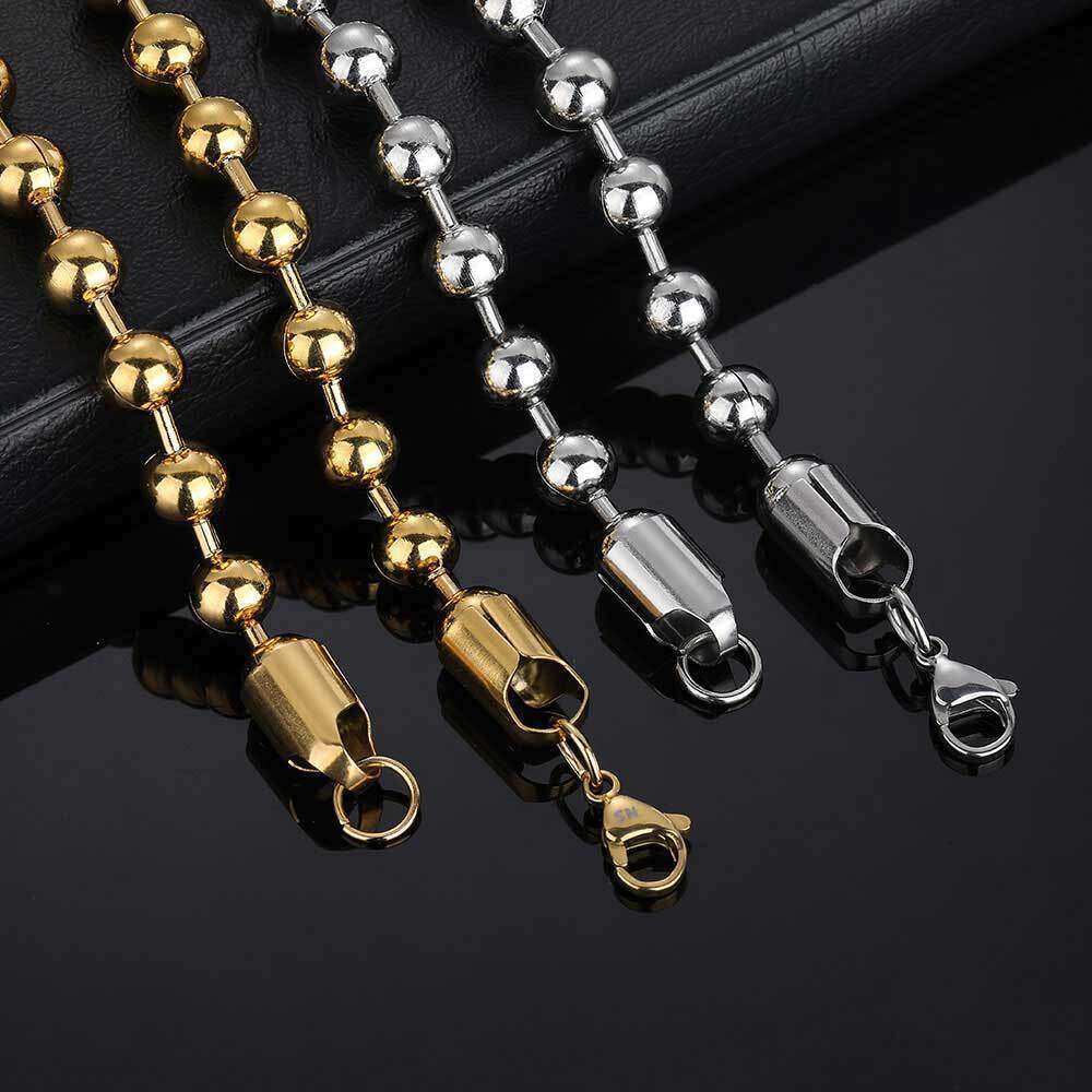 8mm Glass Round Bead Chain Stainless Trendy Hip Hop Titanium Steel Jewelry Men's Necklace 36be
