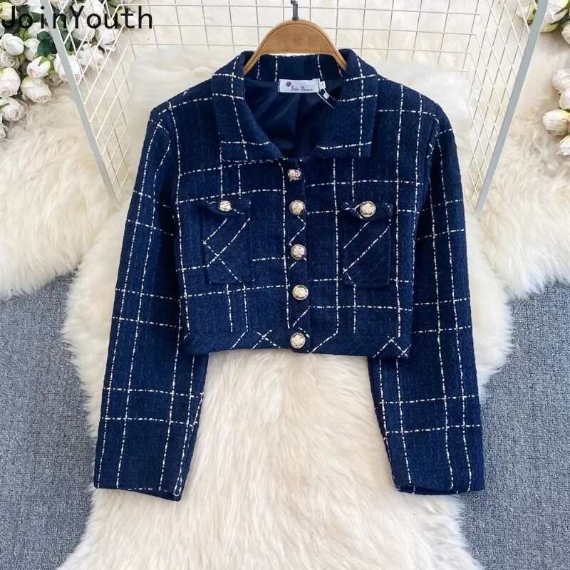 Two Piece Sets Womens Outifits Temperament Dress Suit Turndown Collar Long Sleeve Crop Jackets Tunic Tweed Plaid Dresses Set