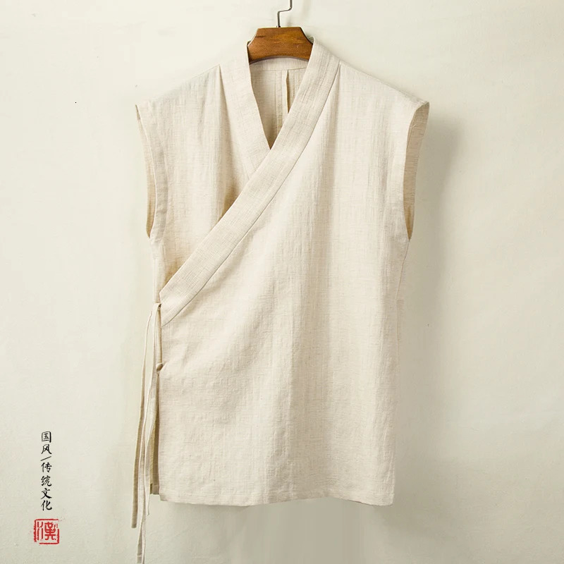 Chinese Traditional Hanfu Vest Men Linen Cotton Sleeveless Slit Top Men Tang Suit Kimono Cardigan Male Open Stitch Shirts 250619