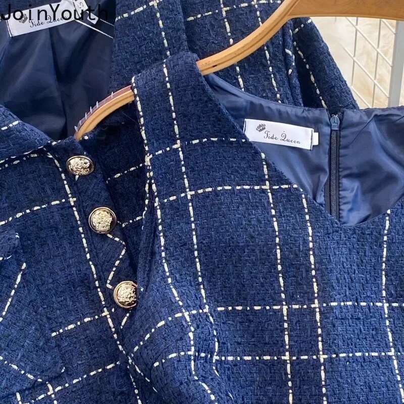 Two Piece Sets Womens Outifits Temperament Dress Suit Turndown Collar Long Sleeve Crop Jackets Tunic Tweed Plaid Dresses Set