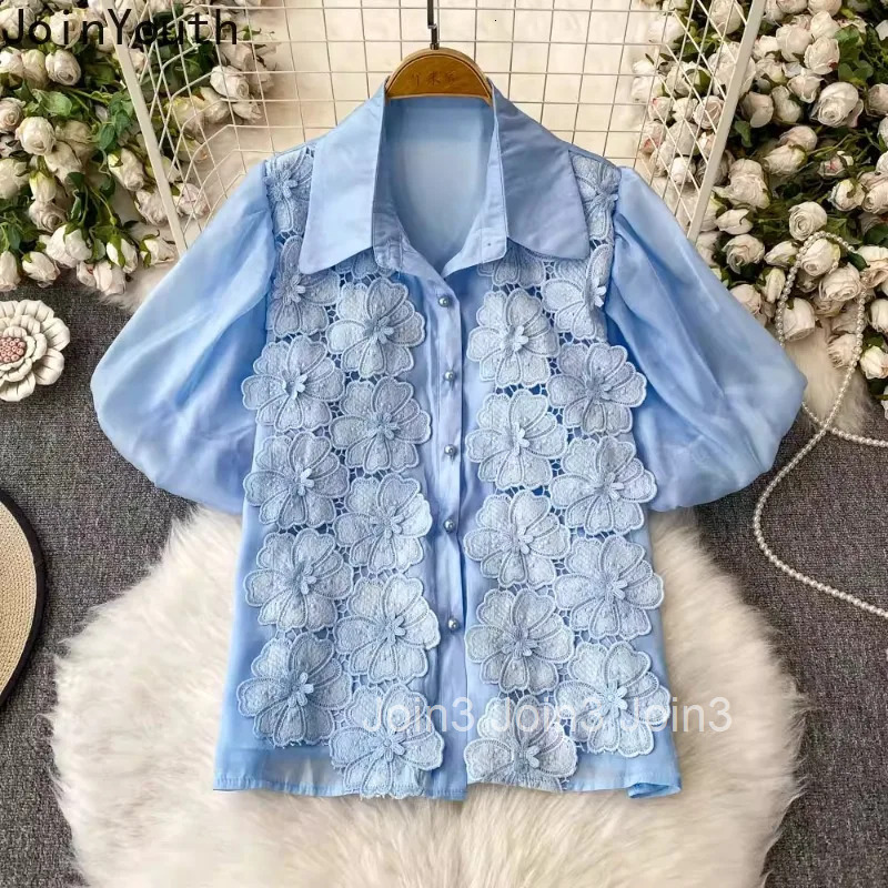 Camisas De Mujer White Blouse for Women 2025 Lace Floral Embroidery Short Sleeve Shirts Vintage Loose Summer Blouses Tops Female