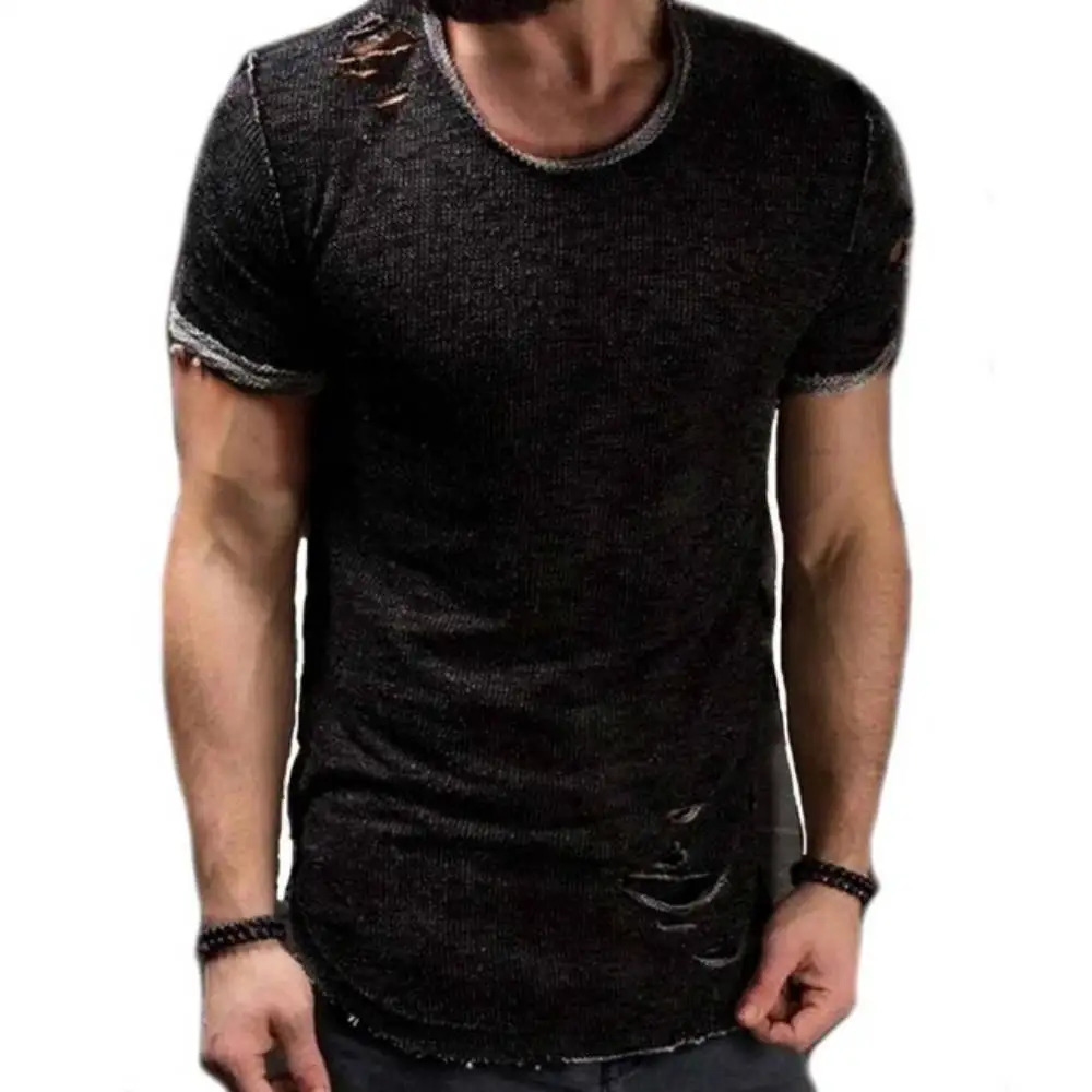 Trendy T-Shirt O-Neck Ripped Hole Distressed Short Sleeve Mens Tshirts Youth Hip Hop Streetwear Casual Tops Tees Camisetas 250616