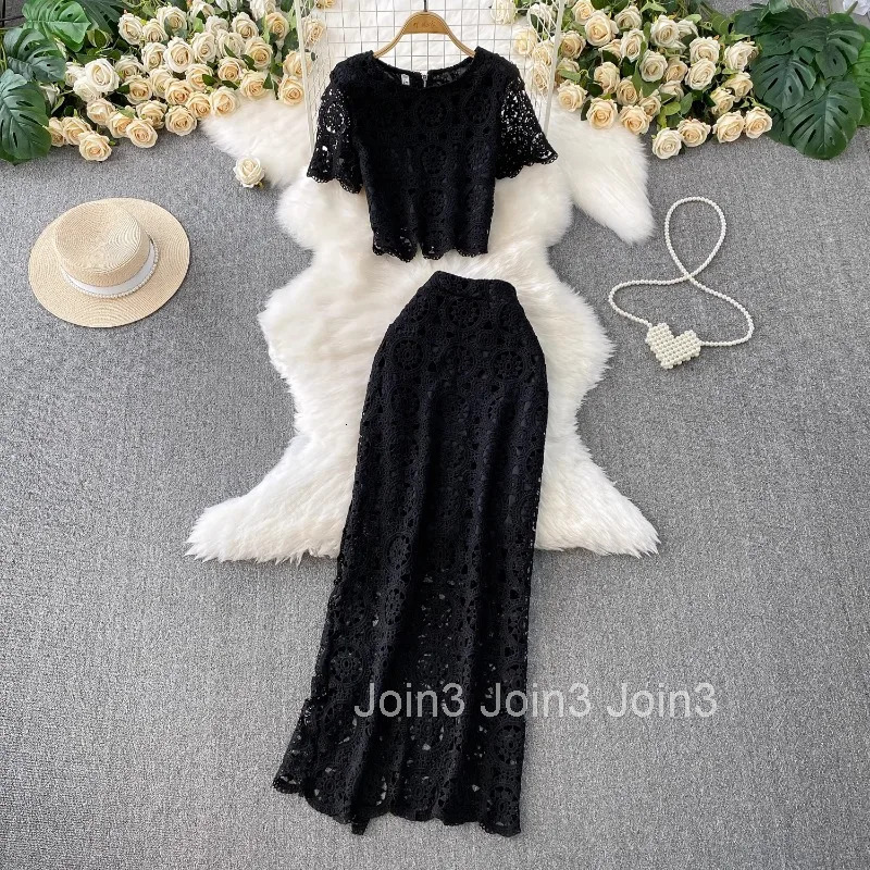 Skirt Suit 2 Piece Sets Women Outfits Summer Clothing O-neck Short Sleeve Crop Tops Bodycon Tunic Skirts Hollow Out Korean Set
