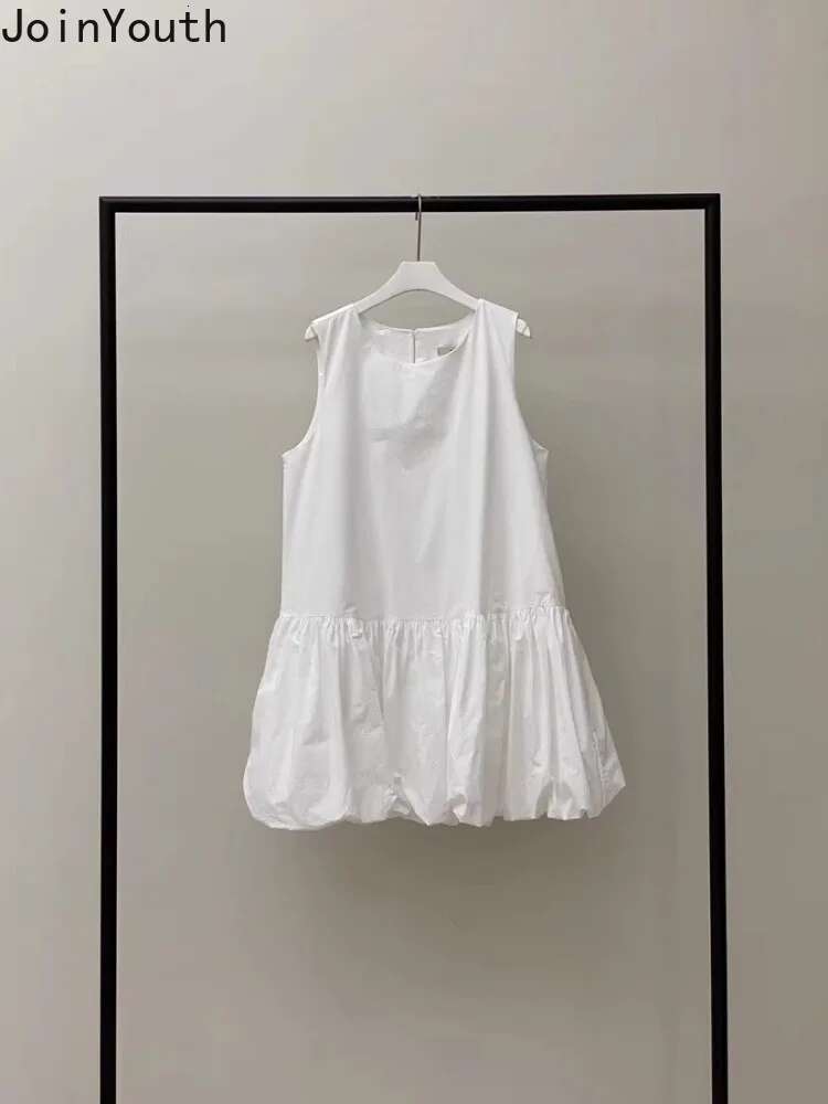2025 Vestidos De Mujer Summer Woman Dress Sleeveless O-neck A-line Folds Robe Femme Fashion Loose Sweet White Korean Dresses
