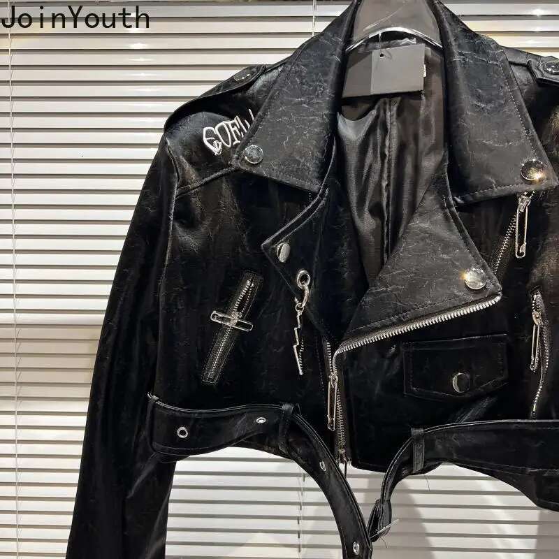 Harajuku PU Jackets for Women Letter Embroidery Zipper Outwear Y2k Crop Tops 2025 Ropa Mujer Streetwear Fashion Leather Coats