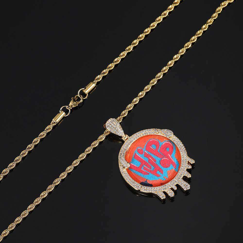 New Hip-Hop Jewelry Round Water Drop Photo Frame Pendant Micro-Paved Zircon Personality Creative DIY Necklace d5bd