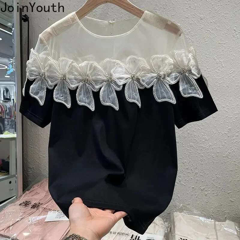 2025 Ropa Mujer Summer Tshirts for Women Elegant Blouses Short Sleeve Tees Patchwork Gauze Bead T Shirt Vintage Oversized Tops