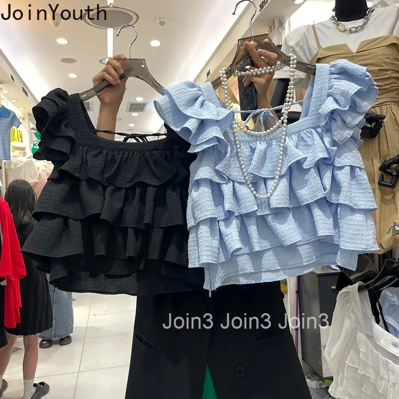 Sweet Crop Tops Summer Chiffon Blouses 2025 Womens Clothing Flying Sleeve Ruffles Fashion Loose Blouse Shirts Camisas De Mujer