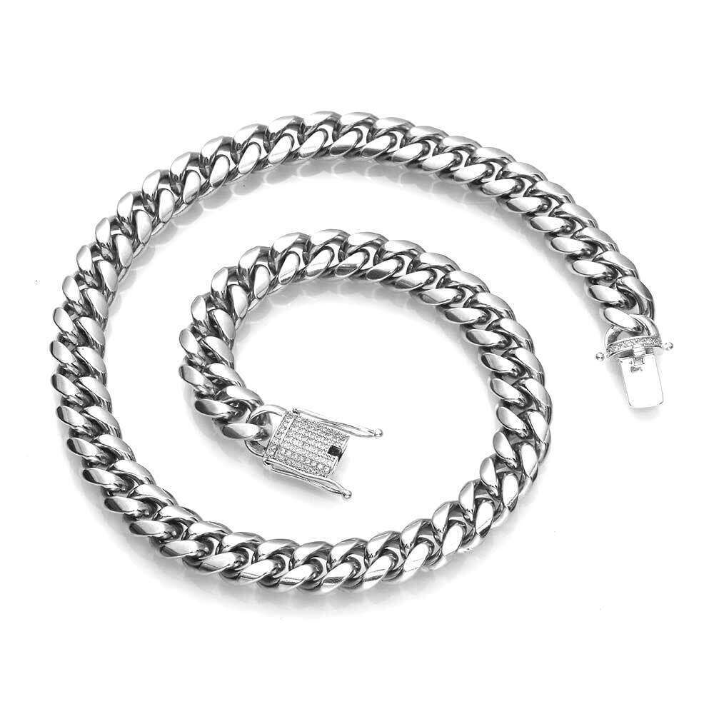 Hip Hop Men's 12mm Dia-Encrusted Buckle Stainless Encrypted Cuban Chain Real Gold Plated Titanium Steel Necklace 7a11