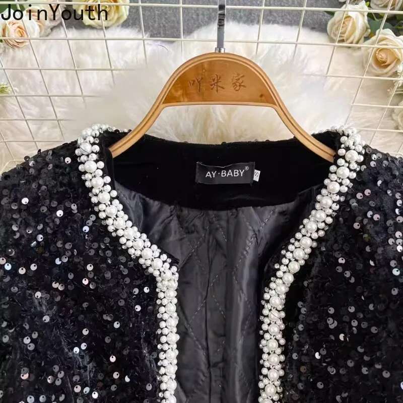 Temperament Women Clothes Chic Black Set Two Piece Sets Beading O-neck Crop Jackets Bodycon Mini Skirt Suit Heavy Sequin Outfits