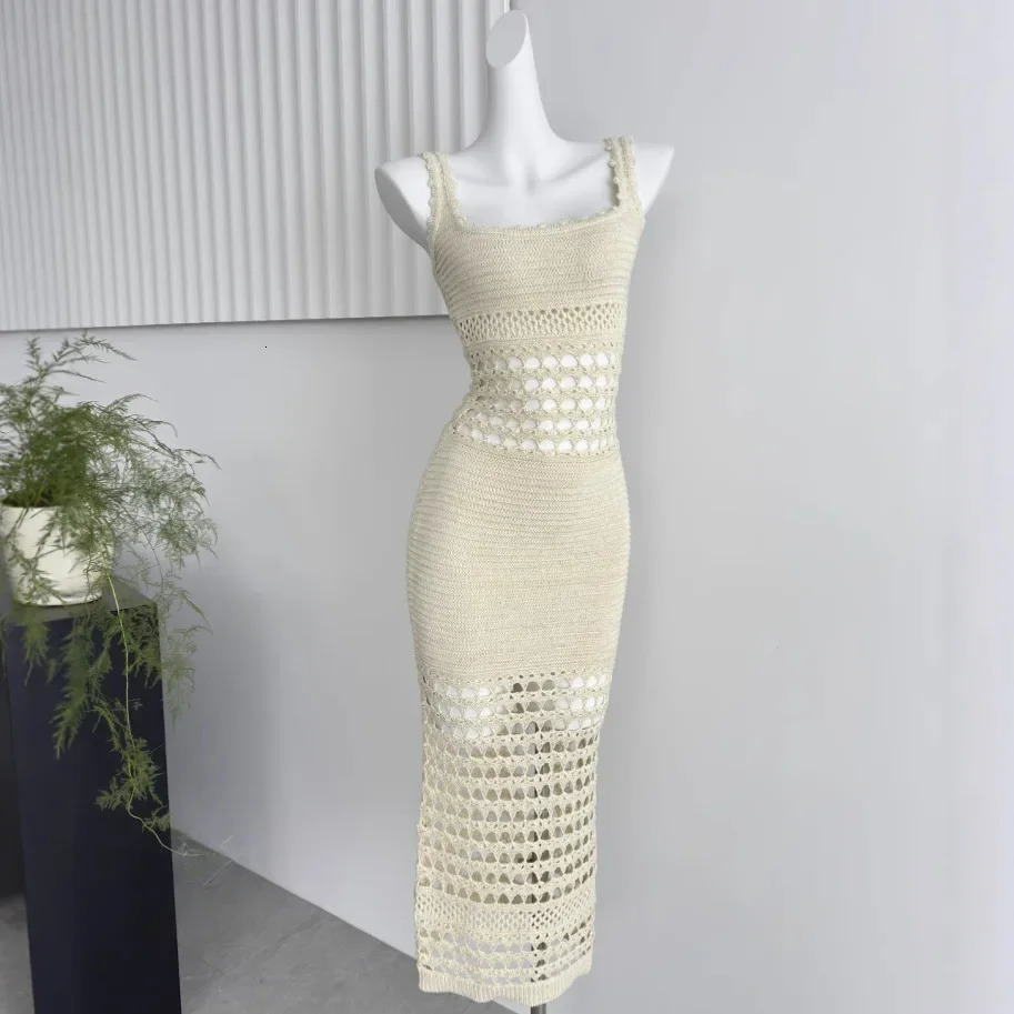 Sexy Sparkling Hollow out Long Knitted Dress with Shiny Thread Strapless Empire Waist Ankle Length Womens Summer Arrival 250617