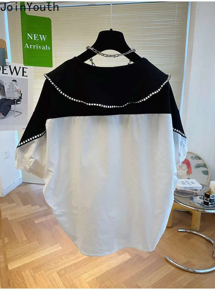 Contrast Color Blouse for Women 2025 Blusas Mujer De Moda Patchwork Loose Summer Shirts Peter Pan Collar Fashion Blouses Tops
