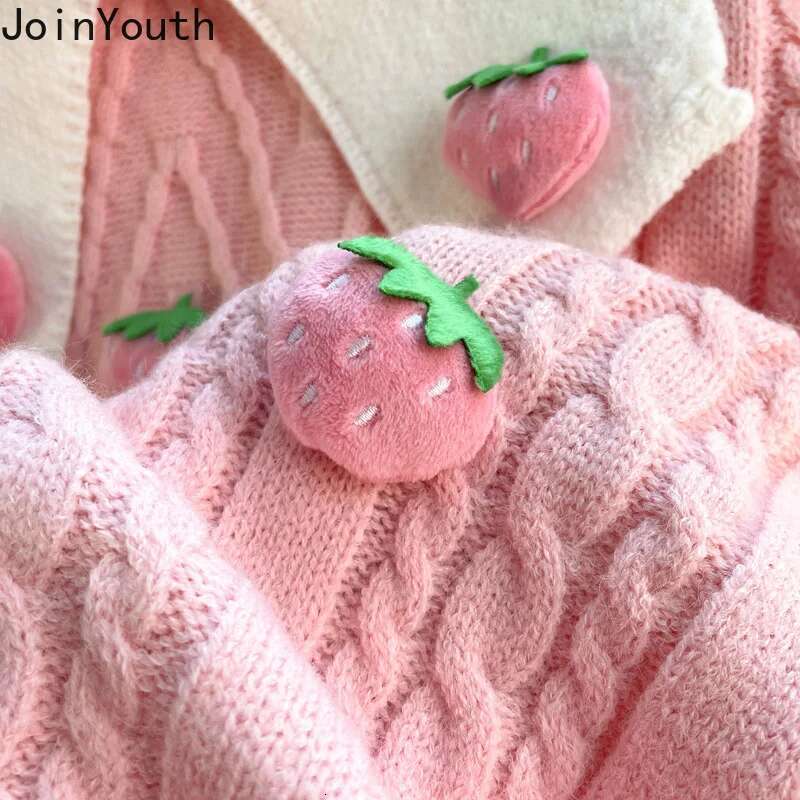 Japanese Sweet Pullover Womens Clothing Cute Peter Pan Collar 3D Strawberry Jumper Fashion Pink Knitted Sweater 2025 Ropa Mujer
