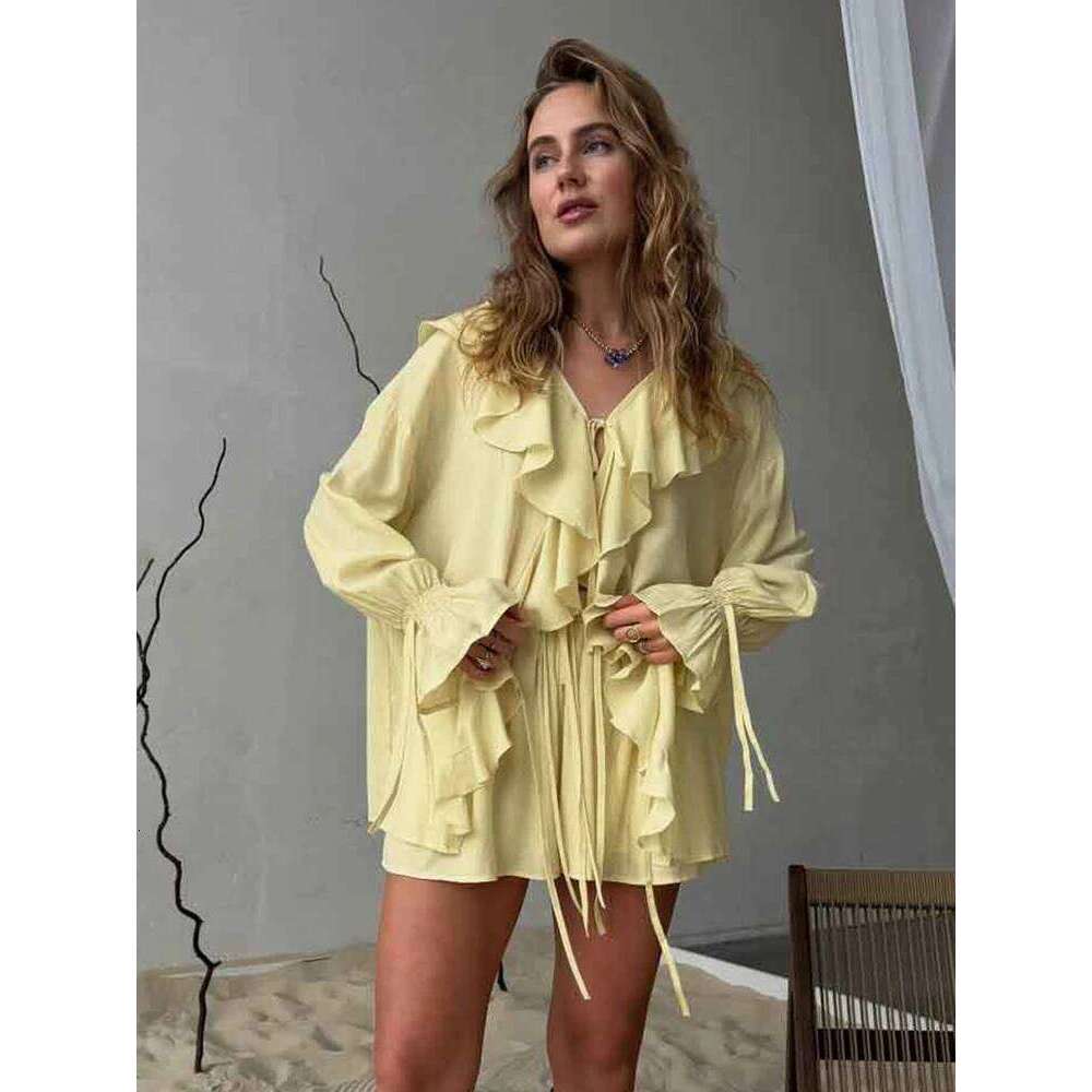 Talenza Women's Two Piece Casual Ruffle Loose Lace-up Top Slim Summer Office Lady Female Shorts Set