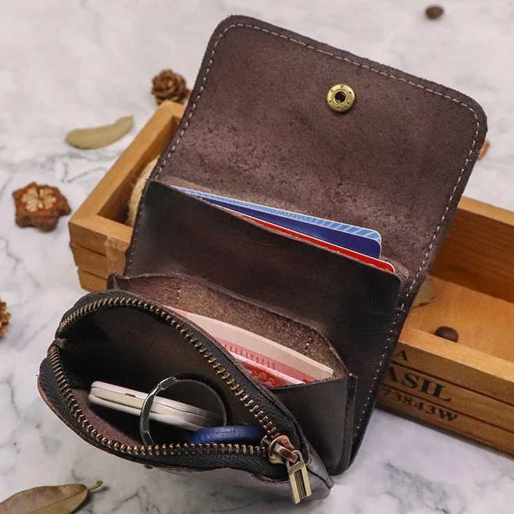 Genuine Leather Wallet For Men Women Vintage Handmade Short Small Mens Purse Card Holder With Zipper Coin Pocket Money Bag Z250621
