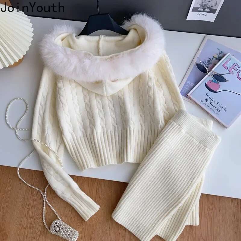 Korean Two Piece Sets 2025 Women Clothing Hooded Ribbed Cropped Cardigan High Waist Mini Bodycon Skirt Outfits Chic Casual Suit