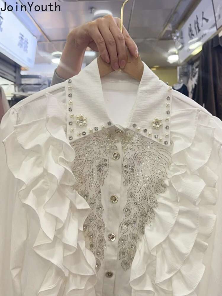 Blouses Women Temperament Lady Tops Stand Neck Long Sleeve Shirts Camisas De Mujer Hollow Out Ruffles Embroidery Sequin Blouse