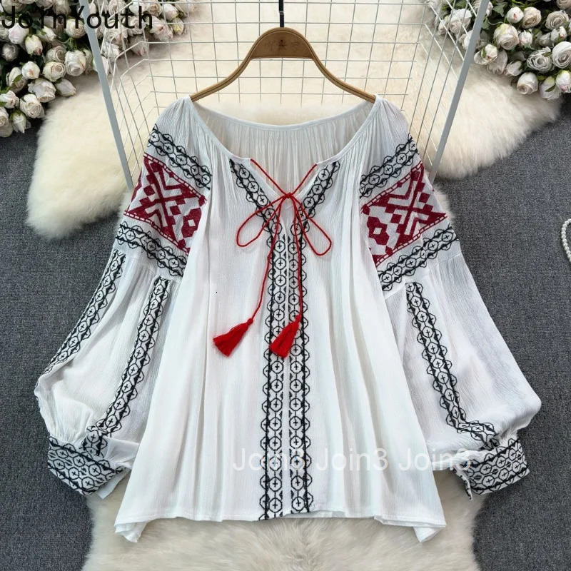Vintage Shirt Womens Clothing Heavy Embroidery Temperament Blouses Loose Tops Bandage Tassel Summer Blouse Camisas De Mujer