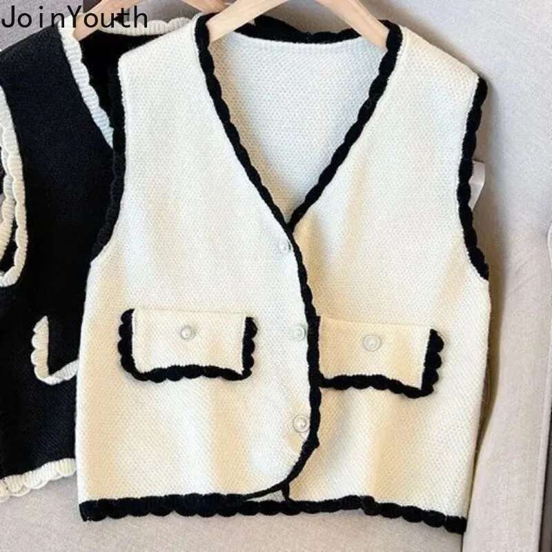 2025 Vest Sweater Women Clothing V-neck Ruffles Single Breasted Vintage Waistcoat Ropa Mujer Black Knitted Tanks Cropped Tops