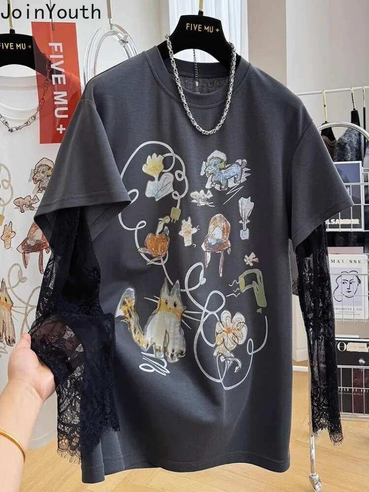 Korean Fake Two T Shirts Women Clothing Patchwork Lace Long Sleeve Tees Y2k Tops Cute Anime Oversized T-shirt 2025 Ropa Mujer