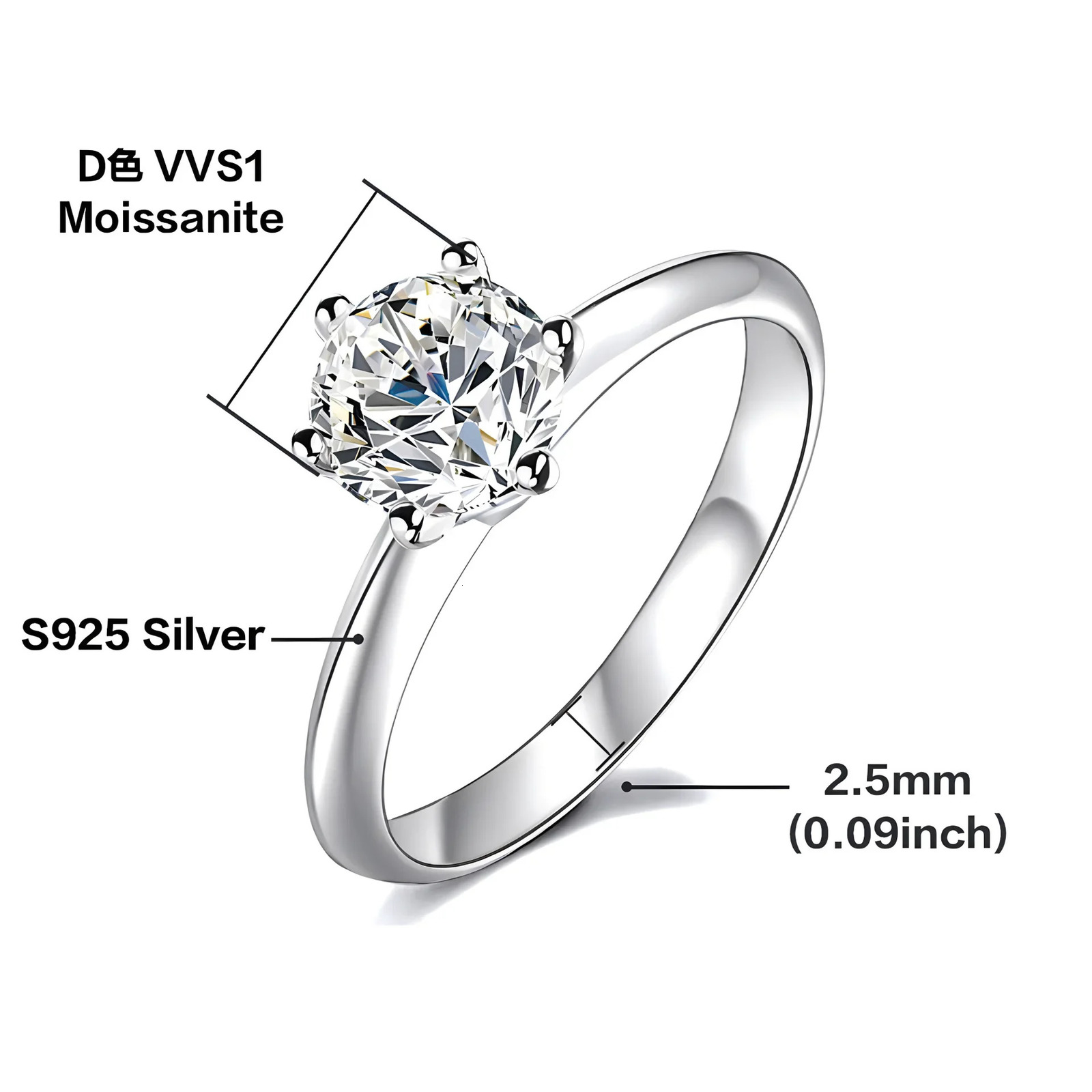 Classic Real 1 D Color Wedding Rings For Women White Gold Plated 100% 925 Sterling Silver Bridal Fine Jewelry 250617