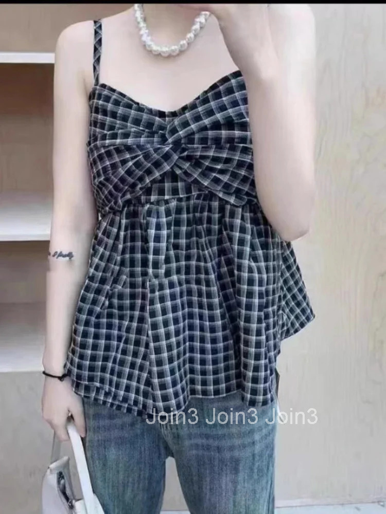 2025 Ropa Mujer Sweet Tanks for Women Plaid Crop Tops Sexy Sling Vest Fashion Summer Camis Sleeveless Backless Loose Y2k Top