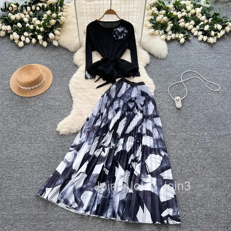 Women Clothing 2 Piece Sets Slim Waist 3D Floral Tops High Waist Print Pleated Skirt Outfits Vintage Roupas Femme Korean Suit
