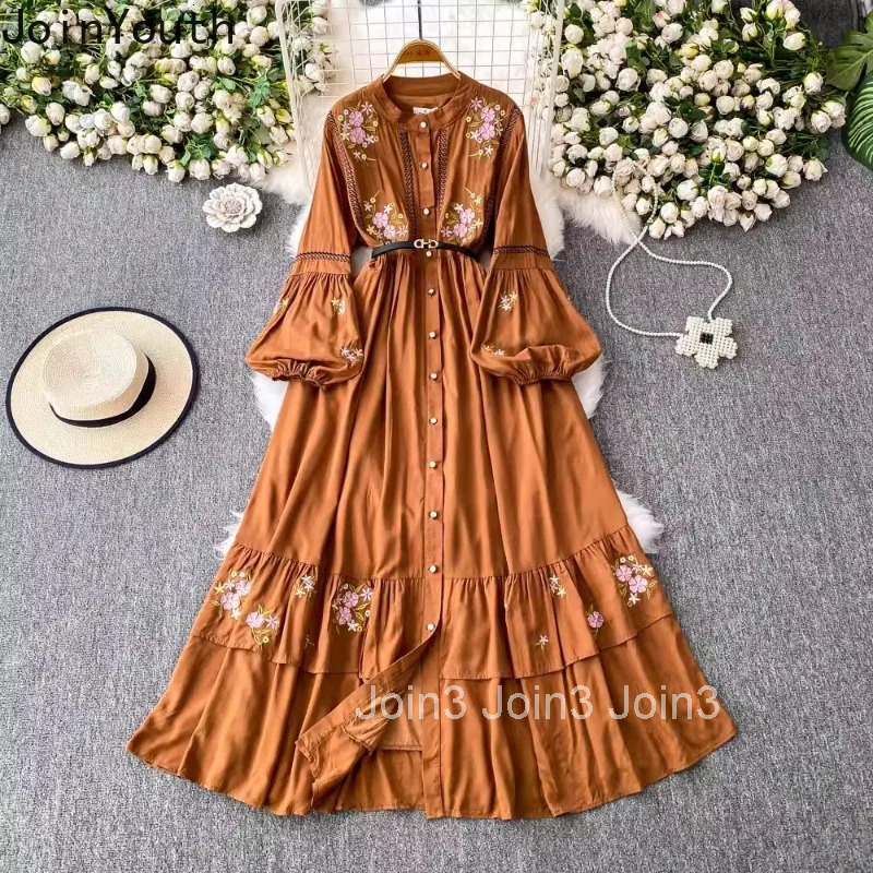 Vintage Dresses Women Clothing Lantern Sleeve Single Breasted O-neck Robe Femme A-line Big Swing Floral Embroidery Maxi Dress