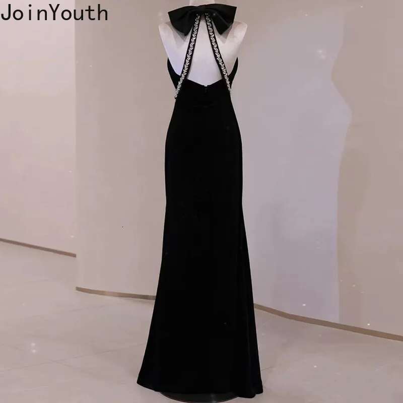 Temperament Black Robe Femme Party Dresses for Women 2025 Vestidos De Mujer Bow Sexy Backless Tunic Diamond Summer Maxi Dress