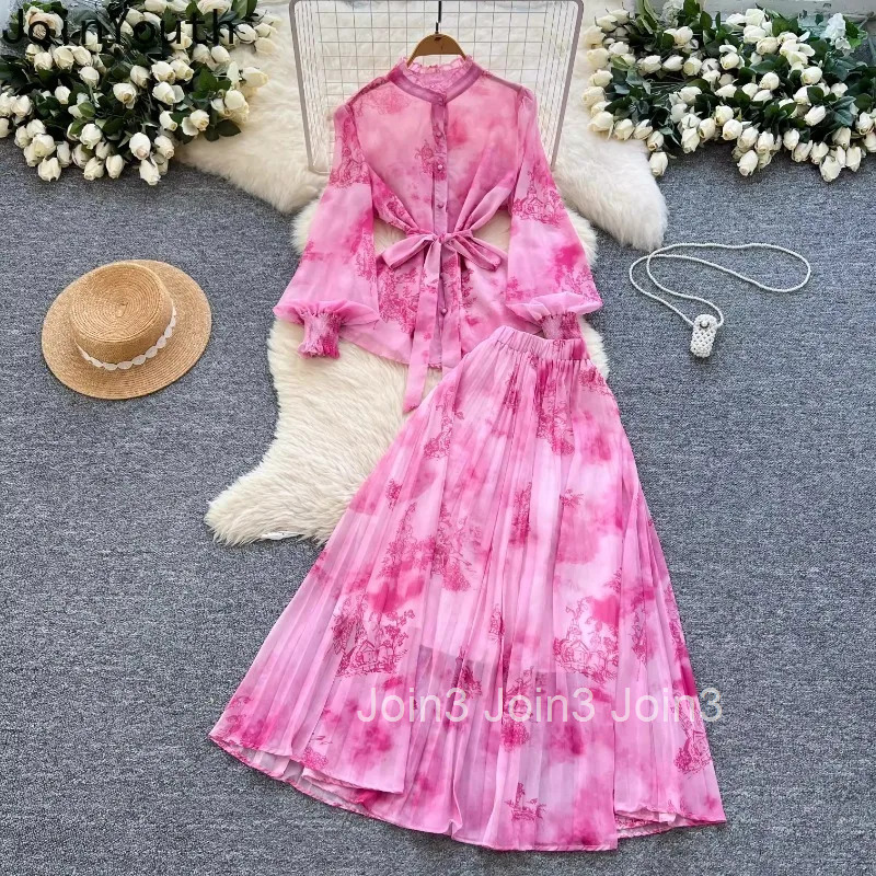 Floral Temperament Suit Summer 2 Piece Sets Women Clothing Lantern Sleeve Bandage Shirt High Waist Loose Pleated Skirts Outfits