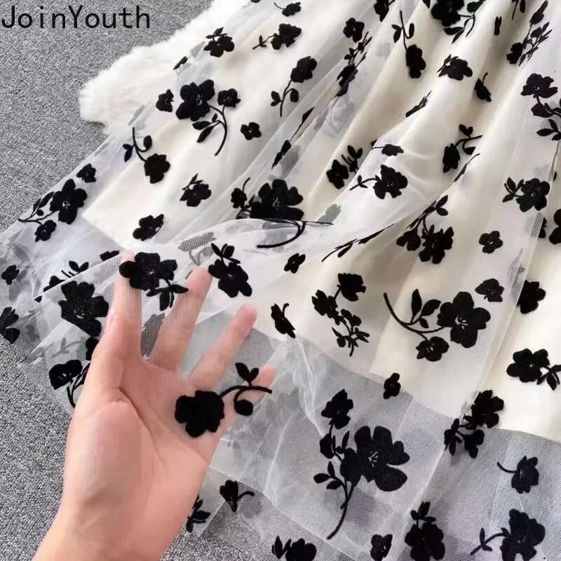 Temperament Womens Clothing 2 Piece Sets Double Breasted Crop Jacket Gauze Floral Tunic Dresses Outfits Fashion Korean Suit
