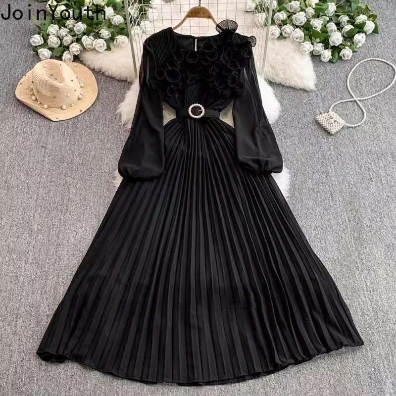 2025 Vestidos De Mujer Vintage Woman Dress Long Sleeve 3D Floral Slim Waist Temperament Robe Femme Elegant Pleated Maxi Dresses