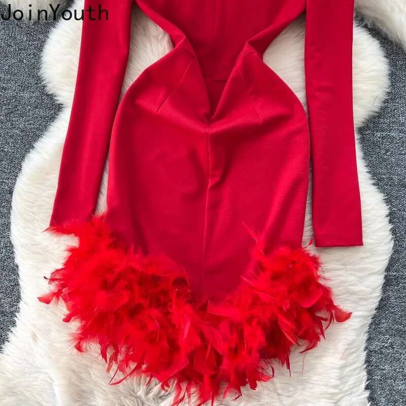 Temperament Sexy Robe Femme Half High Collar Tunic Dresses for Women 2025 Vestidos De Mujer Feather Diamond Bodycon Mini Dress