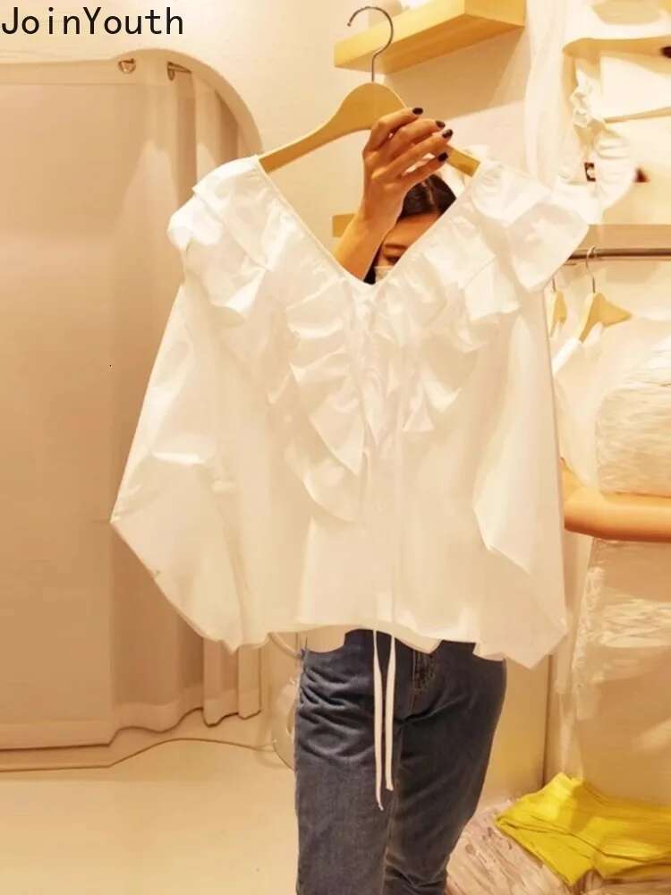 Korean Blouse Women Clothing 2025 Camisas De Mujer V-neck Ruffles Puff Sleeve Shirts Loose Sweet Tops Casual Chic White Blouses