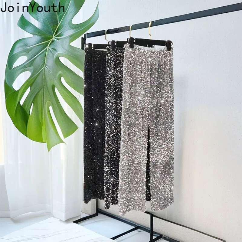 Heavy Sequin Wide Leg Pants Womens Clothing 2025 New Bottoms High Waist Tunic Straight Pantalon Femme Fashion Korean Trousers