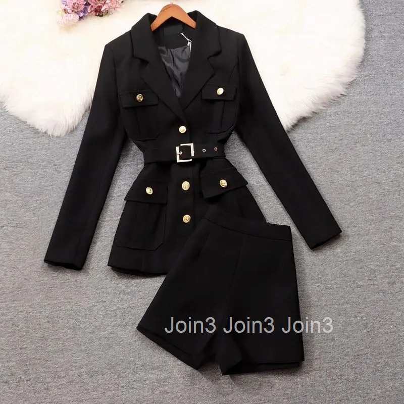 Winter Clothes Temperament 2 Piece Set Women Double Breasted Buckle Tunic Jackets High Waist Short Suit Thicked Vintage Outfits