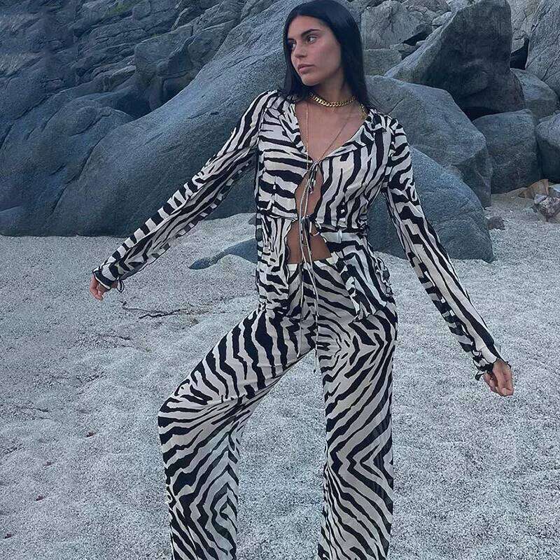 Cryptographic Animal Print Mesh Sheer Stripe Tie Front Detail Top Matching Fashion Outfits 2 Piece Sets Holiday Beachwear