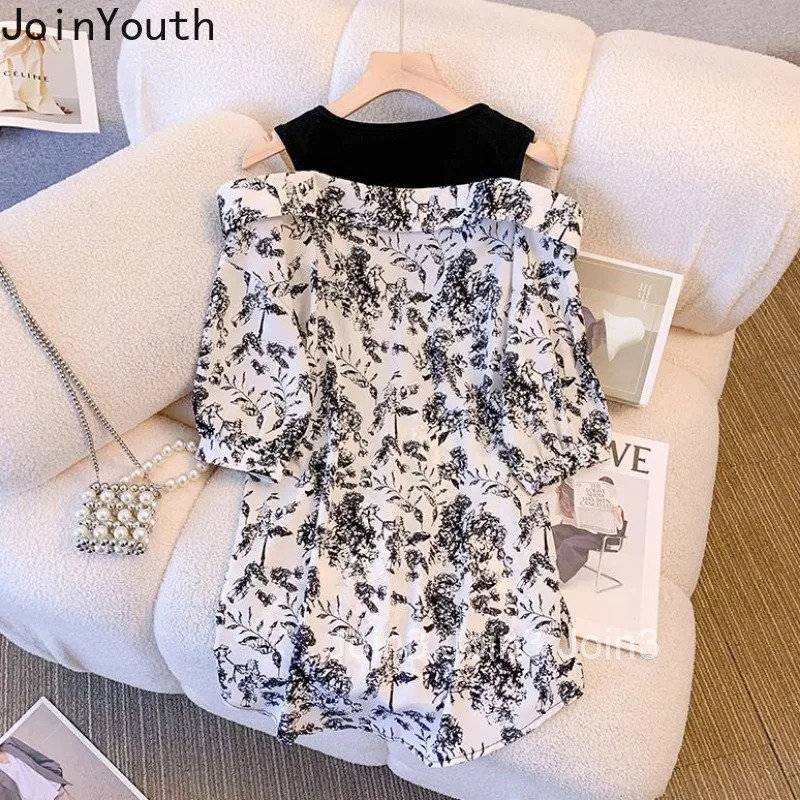 Fashion Two Piece Sets Women Outfits Patchwork Off Shoulder Oversized Shirt Wide Leg Pants Suit Casual Floral Korean Summer Set